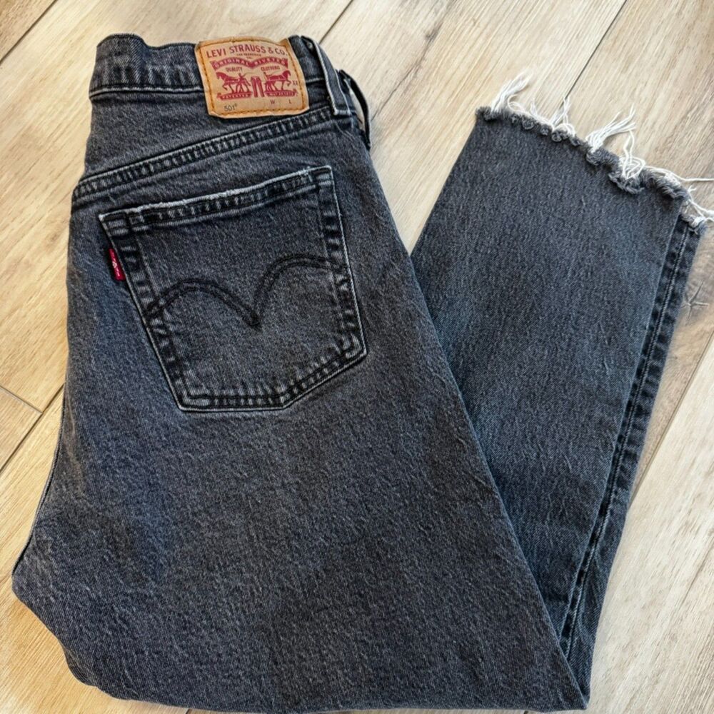 Levi's 501 Skinny Hidden Button Fly Women 29x22.5"Black Gray Wash Custom Raw Hem